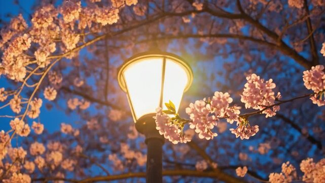 Glowing street lamp under a cherry blossom tree branch at dusk, illustrating the fading light of evening