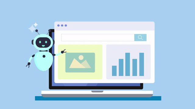 Flat illustration of a laptop displaying a digital dashboard with image content and bar charts, accompanied by a virtual assistant, representing data monitoring, analytics, and smart workflow.
