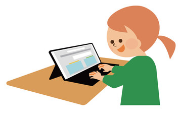 タブレット端末で授業を受ける生徒　イラスト素材
