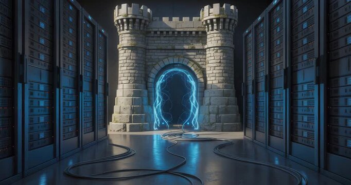 Futuristic server room with medieval castle gate and glowing blue portal