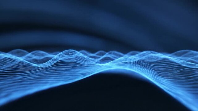 Abstract digital illustration featuring blue glowing waves over a dark blue background
