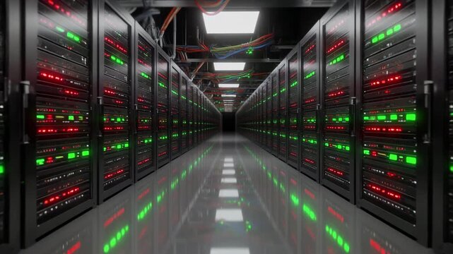 Modern data center interior with rows of black server racks, blinking red and green LED lights, reflective floor, and overhead cables representing cloud computing and big data storage