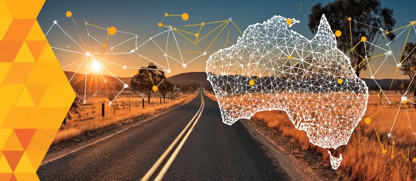 Australian landscape with a digital map overlay on a rural road at sunrise