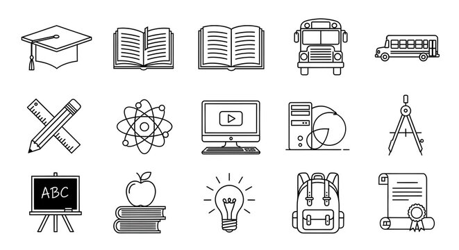 Education icons set with graduation cap and learning symbols
