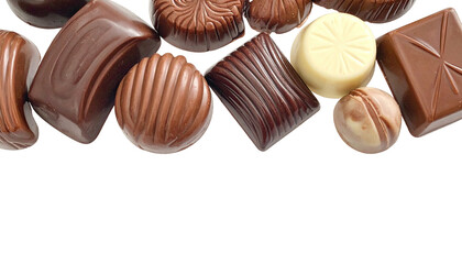 Assorted chocolates, various shapes and textures, against a black background