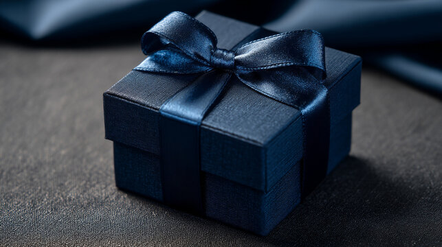 A small navy blue gift box with a ribbon tied around it sits on a dark surface
