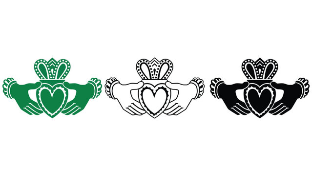 Three Claddagh symbols in green, white, and black on a white background