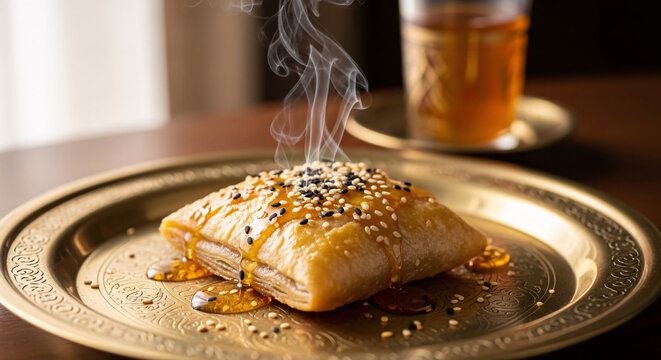 Steaming Moroccan msemen dessert with honey and sesame on golden tray
