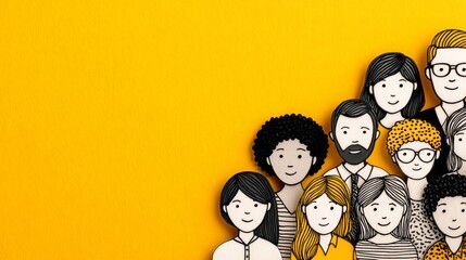 Illustration of diverse characters representing management recruitment vision showcasing teamwork and motivation against a vibrant yellow background