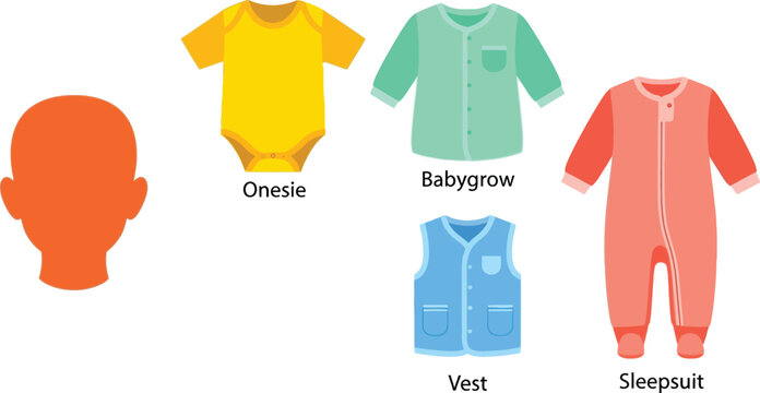 Baby clothes illustration featuring onesies sleepsuits vests and a head outline