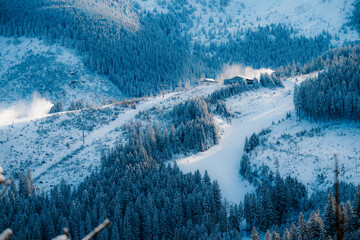 Jasn&aacute; ski resort in the Low Tatras Mountains, located in the Liptov region of Slovakia. Snow-covered peaks, alpine slopes, and winter landscape create a popular destination for skiing