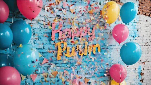 Happy Purim celebration decorations with colorful balloons, confetti