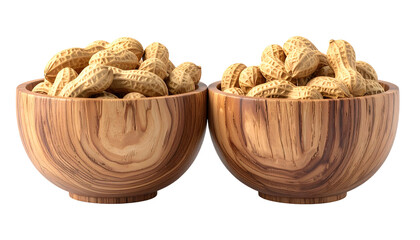 Two wooden bowls brim with whole peanuts, shells visible. Isolated on black