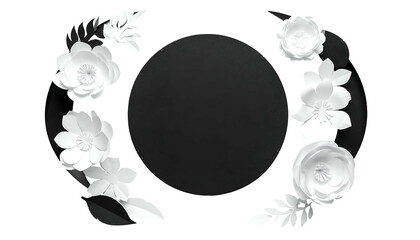 Black circle framed by white paper flowers and leaves, elegant, minimal design