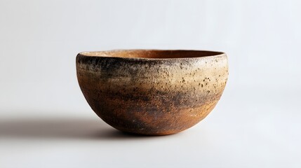 Rustic Ceramic Bowl with Textured Surface and Earthy Tones on White Background.