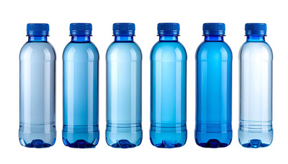 Naklejka premium Six plastic bottles of clear water with blue caps, arranged in a row against black
