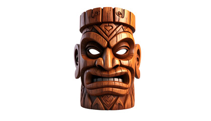 Brown wooden tiki idol with carved features, red glowing eyes, on a black background