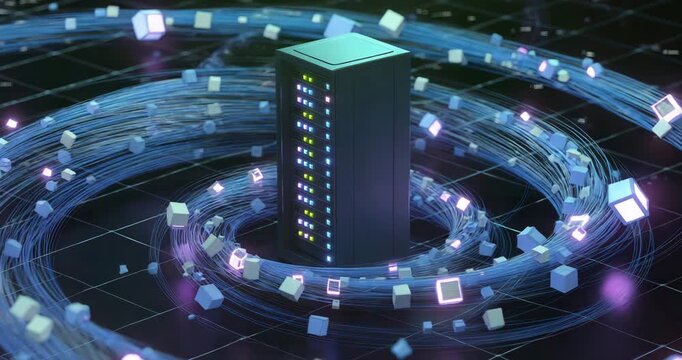 Modern server technology with glowing blue data streams and digital cubes