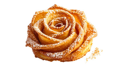 A golden, pastry rose with powdered sugar, cut from a solid black background
