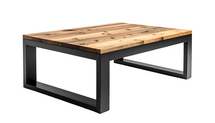 Angled shot of a modern rectangular coffee table with a wood top and metal frame
