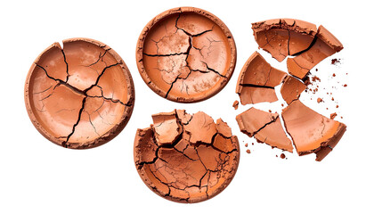 Four cracked terracotta bowls on a black background, with varying degrees of disintegration