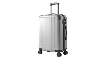 A modern, silver, hard-shell rolling suitcase is displayed against a stark black background