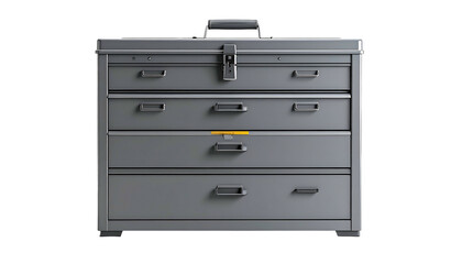 Metallic gray toolbox with four drawers and a handle, isolated on black