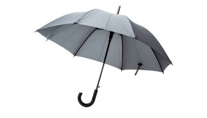 Open gray umbrella against a black background, slightly tilted with details visible