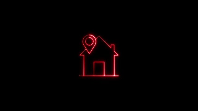 Glowing neon line map pointer with house icon, home location marker symbol, vector illustration on black background
