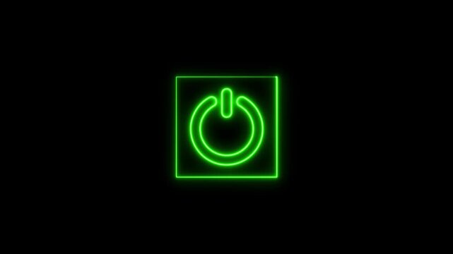 Neon power button icon in a square frame, glow effect, modern graphic design, symbol for electric device start or stop
