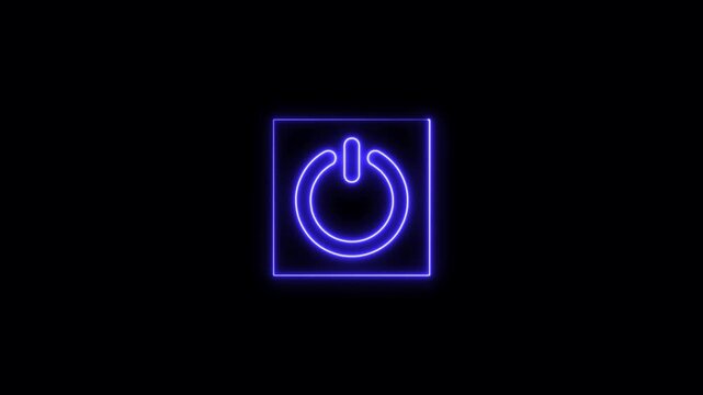 Neon power button icon in a square frame, glow effect, modern graphic design, symbol for electric device start or stop
