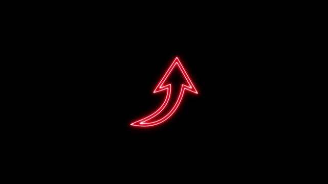 Neon glowing curved arrow pointing up and to the right on a black background, vector illustration of growth, share, or direction symbol
