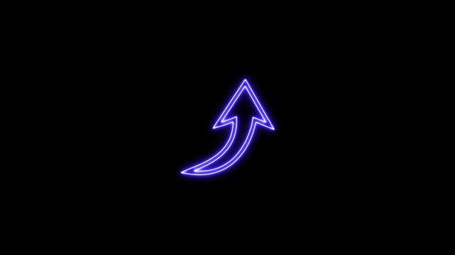 Neon glowing curved arrow pointing up and to the right on a black background, vector illustration of growth, share, or direction symbol