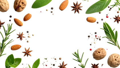 Close-up of various herbs, nuts, and spices arranged around a blank, black space