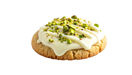Round cookie with white icing, topped with chopped pistachios on a black background