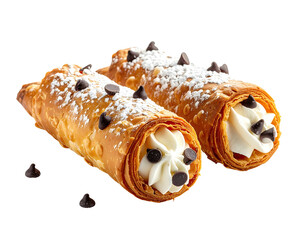 Two Italian pastries, golden with cream filling, chocolate chips, and powder