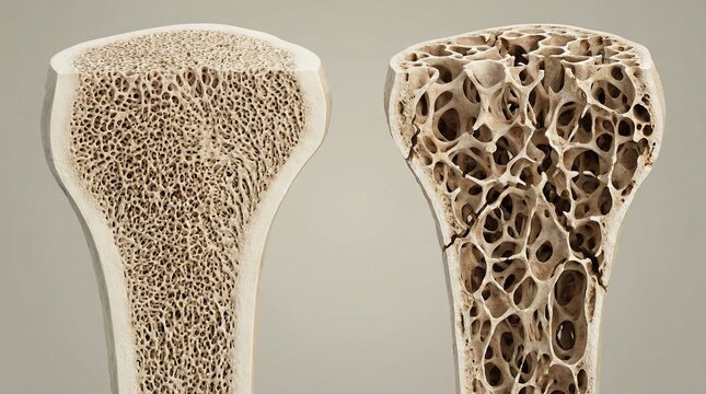 Cross section diagram compares healthy bone structure against porous and damaged bone tissue suffering from osteoporosis condition.