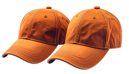 Two burnt orange baseball caps, side by side, isolated on black
