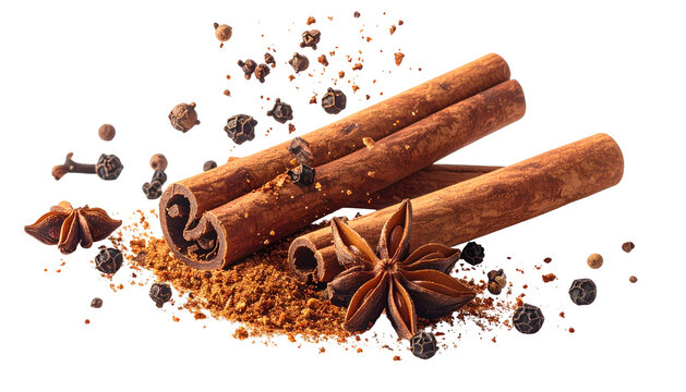 Close-up of cinnamon sticks, star anise, peppercorns, and spice powder on a black background