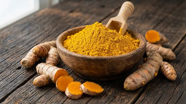 Golden spice turmeric root and powder in bowl for cooking and wellness organic ingredient root spice, yellow.