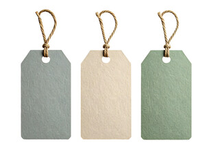 Three hanging blank tags with twine, various pastel colors against black