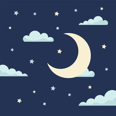 Fototapeta premium Crescent Moon Night Sky Vector Illustration with Stars and Clouds