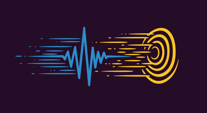A dynamic blue sound wave rapidly transforms into a vibrant yellow target, symbolizing swift digital data transmission and technological communication.