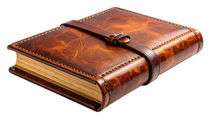 Obraz premium A leather-bound book with a strap closure and aged, golden-edged pages