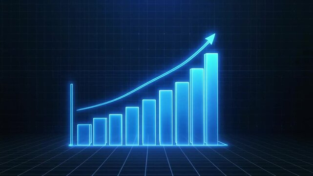 Glowing blue 3D bar chart with upward arrow, business growth and data analysis concept, dark grid background, futuristic financial visualization.