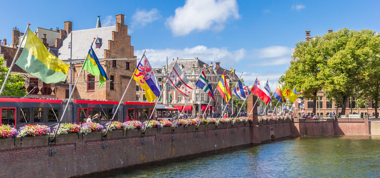 Panorama of the provincial flags at the Hofvijver pond in Den Haag, Netherlands