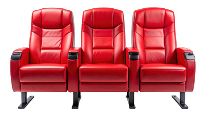 Obraz premium Three upscale red leather cinema seats with cupholders, isolated on black