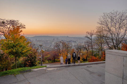 Prague, Czech Republic - 11.09.2025: View from Vitkov Hill on JZP Tower, Zizkov during a beautiful winter sunset