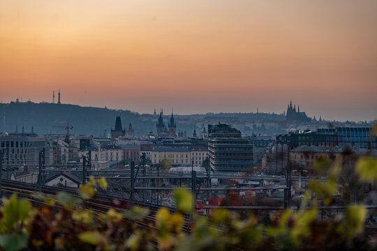 Prague, Czech Republic - 11.09.2025: View from Vitkov Hill on JZP Tower, Zizkov during a beautiful winter sunset