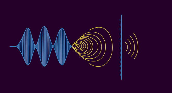 An abstract scientific illustration demonstrating the fundamental principles of wave interference and diffraction, crucial to understanding quantum mechanics and light behavior.